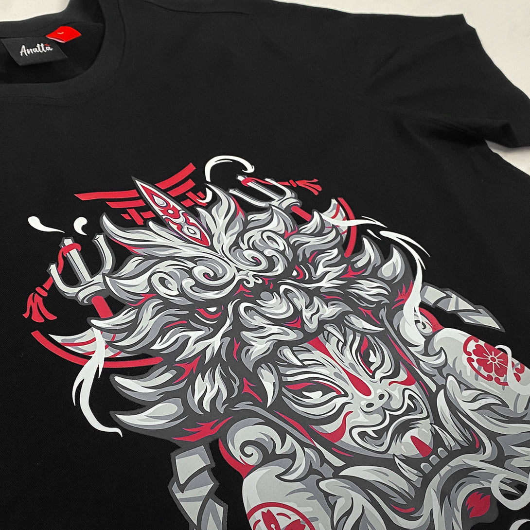 Kitsune - a close-up of the design of an intricate Japanese-style kitsune printed on the front of a Japanese style black heavyweight T-shirt -1