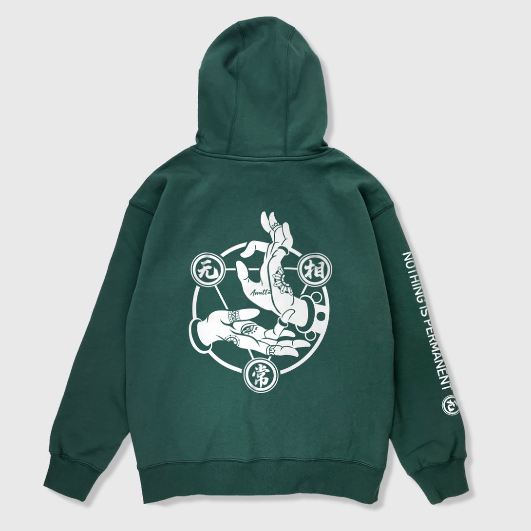 Mudra - A Japanese style dark green hoodie featuring a graphic design of Buddhism Mudra printed on the back 