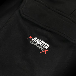Emptiness - a close-up of the original design printed on the Japanese style black flap pocket pants-2