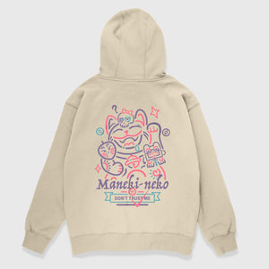 Not to believe in luck - A Japanese style khaki hoodie featuring a graphic design of a luck cat printed on the back