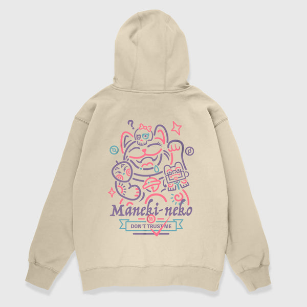 Not to believe in luck - A Japanese style khaki hoodie featuring a graphic design of a luck cat printed on the back 