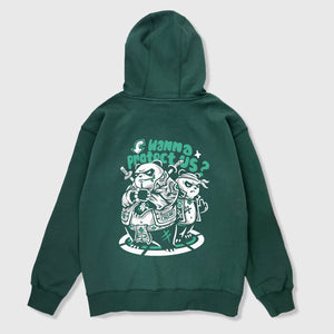 Panda Gang - A Japanese style dark green hoodie featuring a graphic design of two fierce panda gang members with the caption 'wanna protect us?' printed on the back