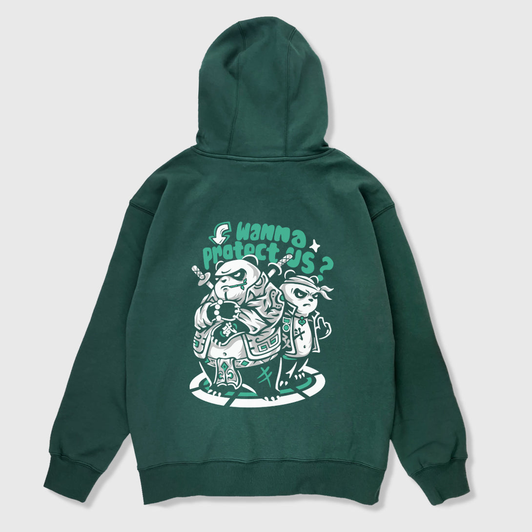 Panda Gang - A Japanese style dark green hoodie featuring a graphic design of two fierce panda gang members with the caption 'wanna protect us?' printed on the back 