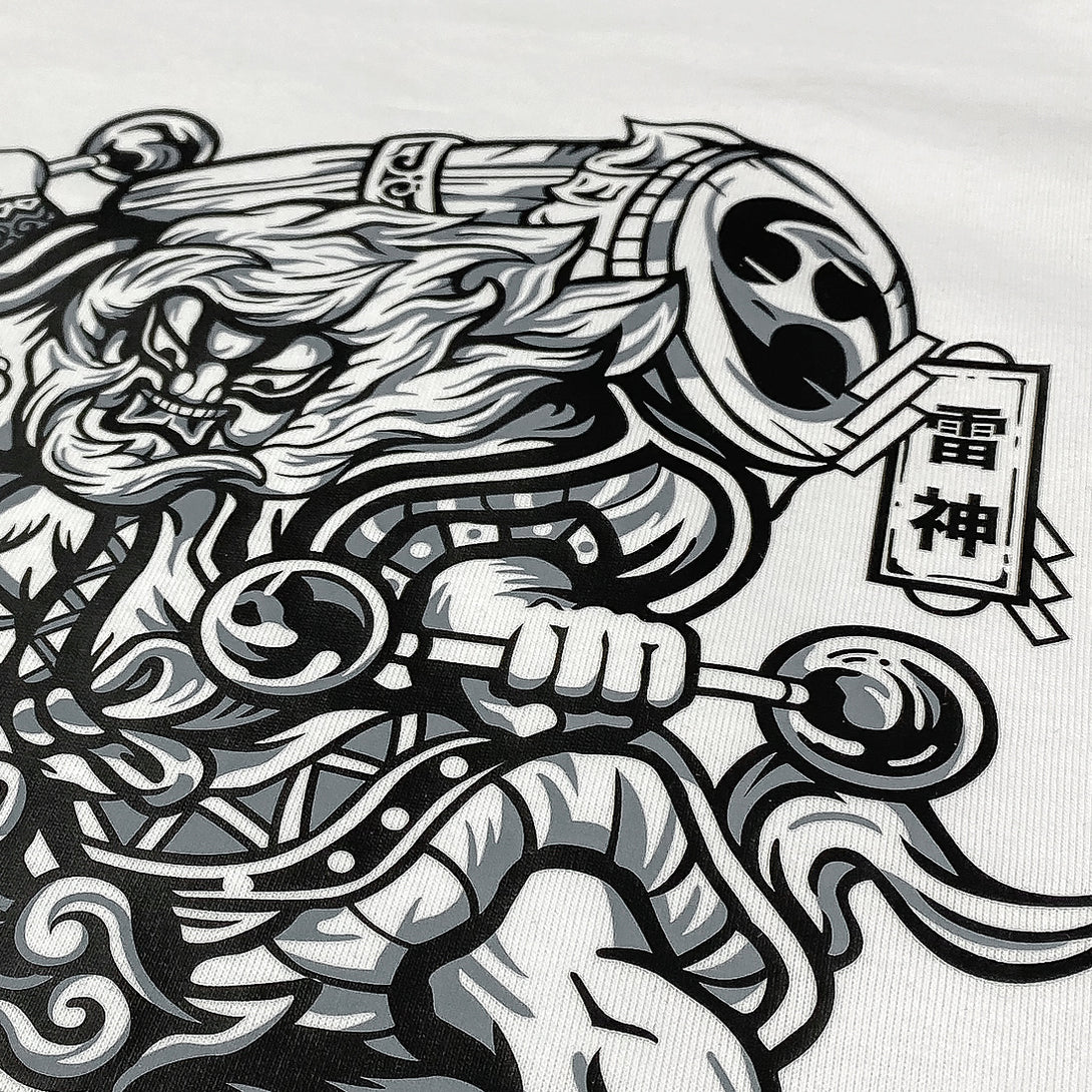 Oriental Thunder God - a close-up of the oriental thunder god graphic design printed on the front of a Japanese style white heavyweight T-shirt -1