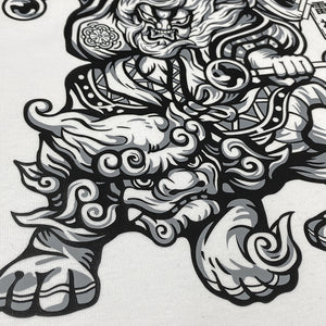 Oriental Thunder God - a close-up of the oriental thunder god graphic design printed on the front of a Japanese style white heavyweight T-shirt -2