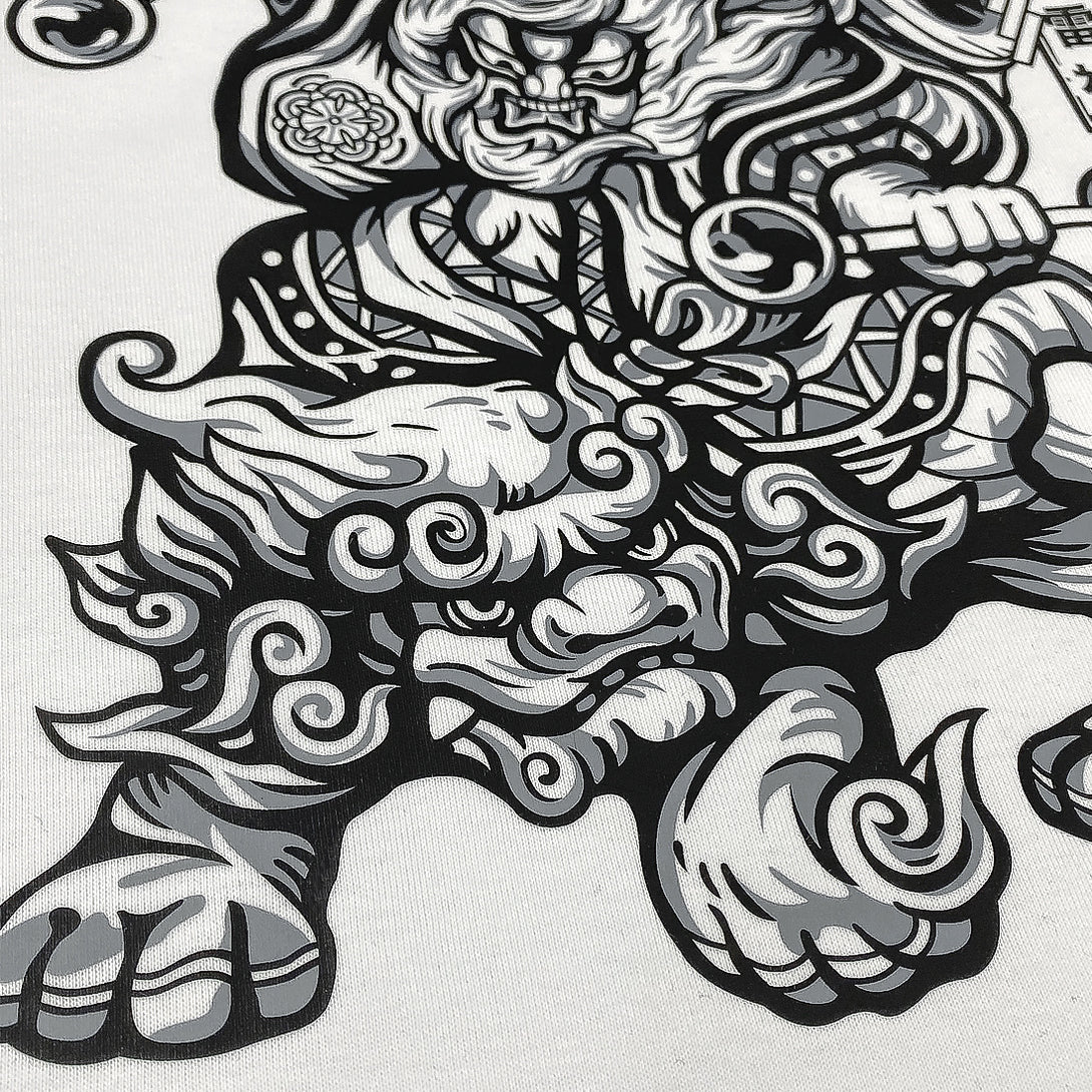 Oriental Thunder God - a close-up of the oriental thunder god graphic design printed on the front of a Japanese style white heavyweight T-shirt -2