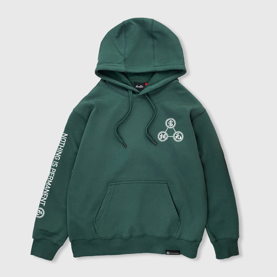 Mudra - Front view of the Japanese style dark green hoodie, featuring a small graphic design on the front, english characters printed on the right sleeve