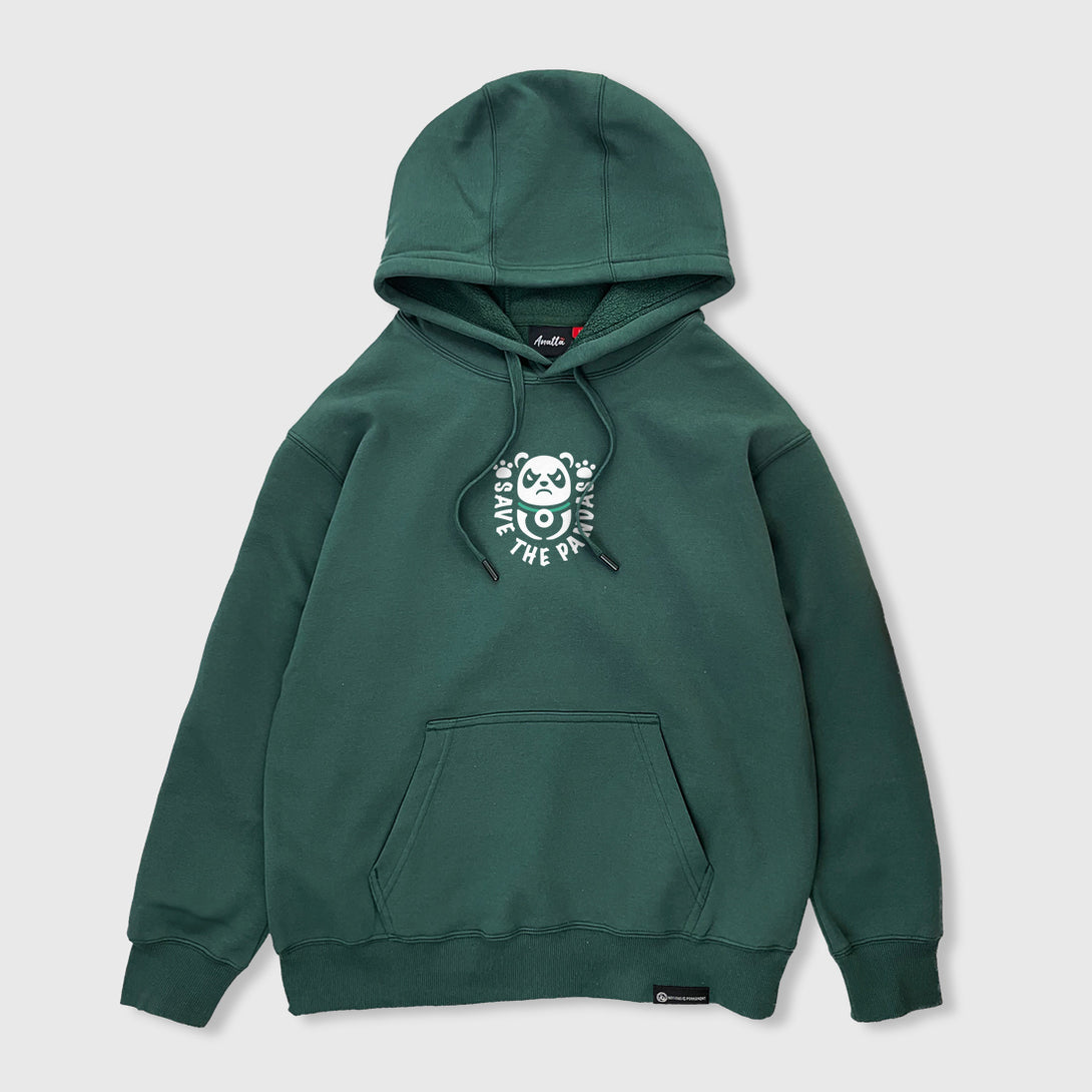 Panda Gang - Front view of the Japanese style dark green hoodie, featuring a small graphic design on the front