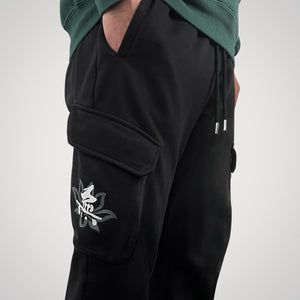 Emptiness - a Japanese style black flap pocket pants with original design printed on the two pockets- right side view