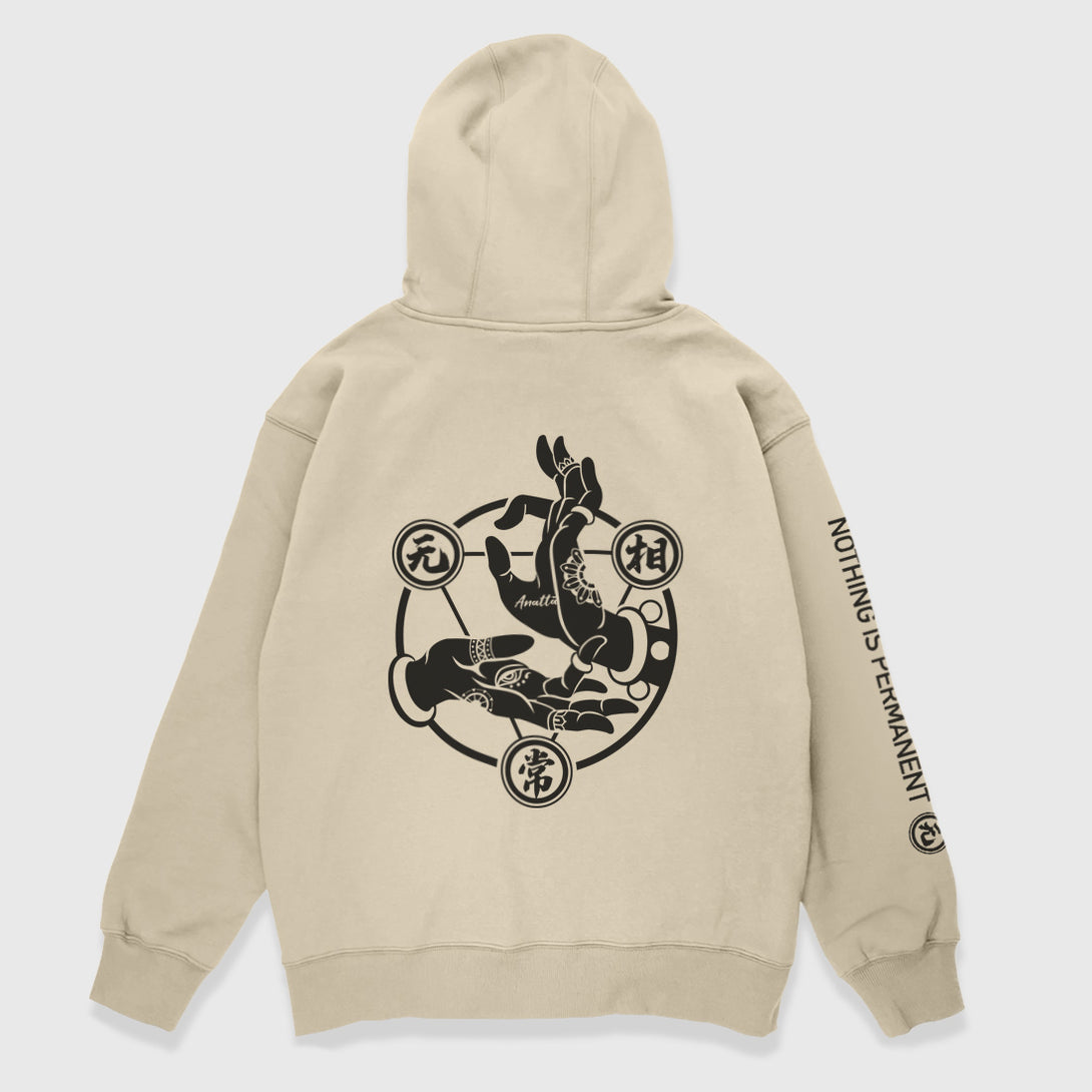 Mudra - A Japanese style khaki hoodie featuring a graphic design of Buddhism Mudra printed on the back 