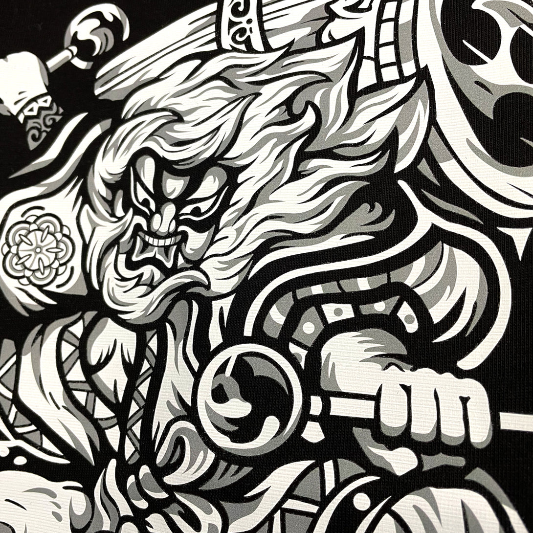 Oriental Thunder God - a close-up of the oriental thunder god graphic design printed on the front of a Japanese style black heavyweight T-shirt -1