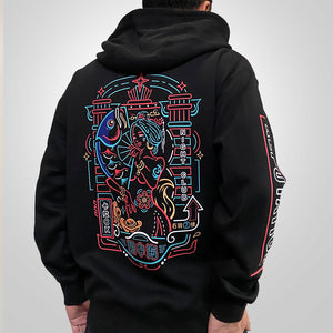 Neon - a model wearing a black hoodie with the design inspired by vintage Shanghai neon lights printed on the back-back view-1