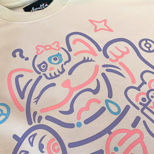 Not to believe in luck- a close-up of a Japanese luck cat design printed on the front of a khaki sweatshirt-1