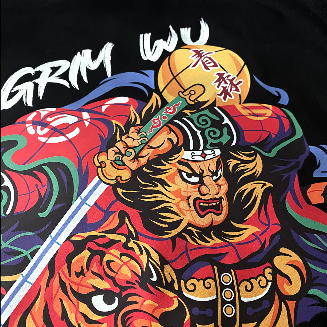 Nebuta Festival - a close-up of the Nebuta Festival-inspired design, featuring a warrior and a tiger, printed on the front of a Japanese style black heavyweight T-shirt-1