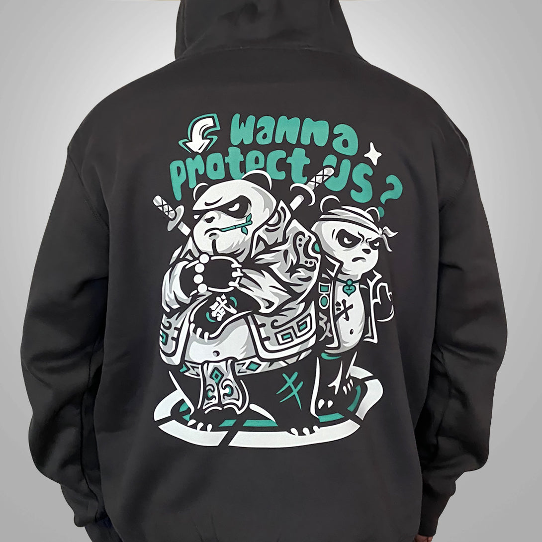 Panda gang - a model wearing a dark grey hoodie with the graphic design of two fierce panda gang members printed on the back-back view-1