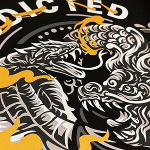 Addiction- a close-up of a design of a dragon and a snake in combat, printed on the front of a black sweatshirt-1