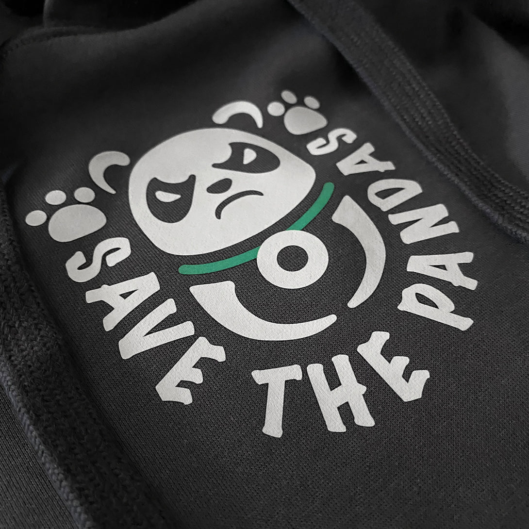 Panda Gang - a close-up of the Panda graphic design with slogan ‘save the panda’ printed on the front of the Japanese style dark grey hoodie-1