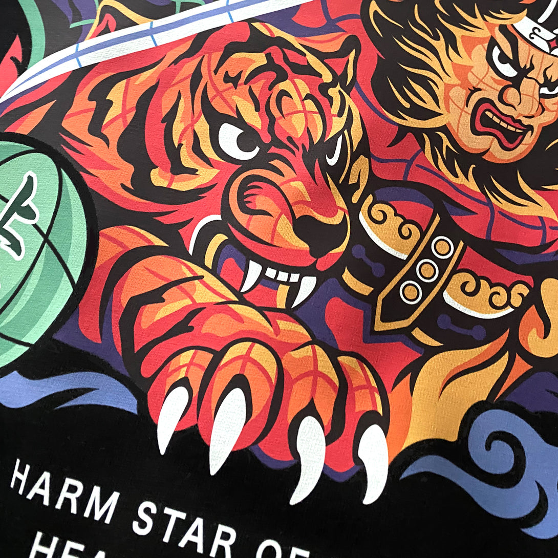 Nebuta Festival - a close-up of the Nebuta Festival-inspired design, featuring a warrior and a tiger, printed on the front of a Japanese style black heavyweight T-shirt-2