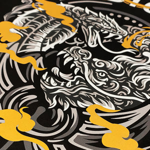 Addiction- a close-up of a design of a dragon and a snake in combat, printed on the front of a black sweatshirt-2
