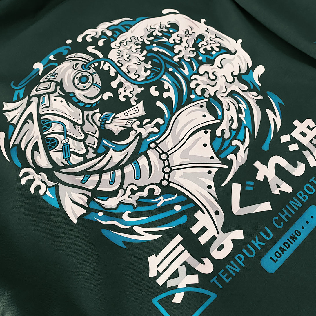 Rogue wave - a close-up of the intricate steam-punk style robotic koi and rogue wave graphic printed on the back of a Japanese style dark green hoodie-1