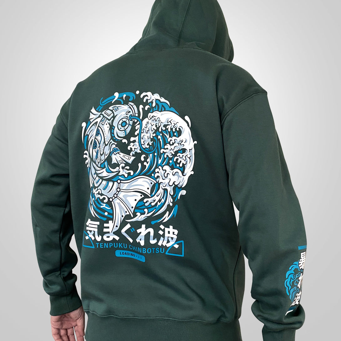 Rogue wave - a model wearing a dark green hoodie with the intricate steam-punk style robotic koi and rogue wave graphic printed on the back-back view-1
