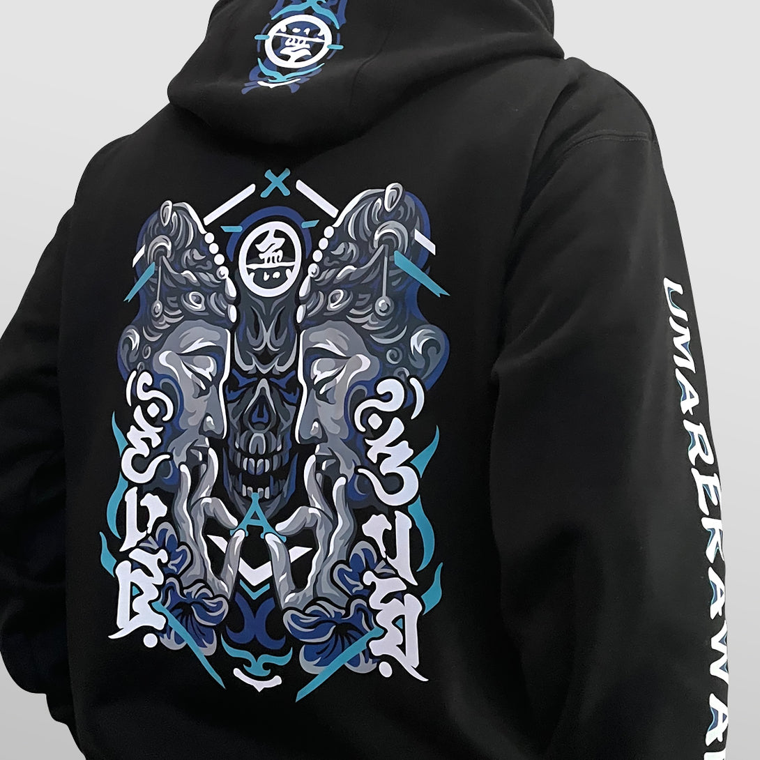 Umarekawari - a model wearing a black hoodie with the design of Buddhas confronting the evil illustration printed on the back-back view-1