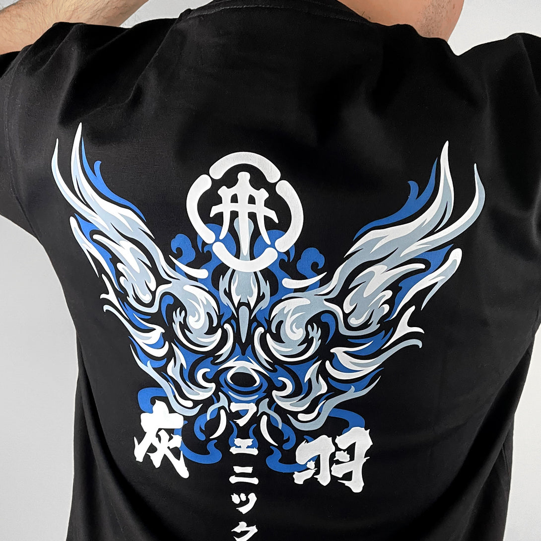 Fenikkusu - a model wearing a Japanese style black heavyweight T-shirt, featuring a design of a traditional Japanese phoenix printed on the back-back view-2