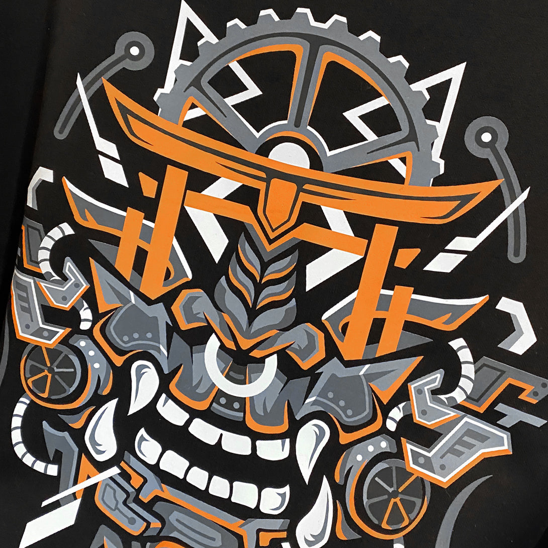 Oni mask - a close-up of an intricate illustration of an abstract-style Japanese oni mask printed on the back of a Japanese style black hoodie-1