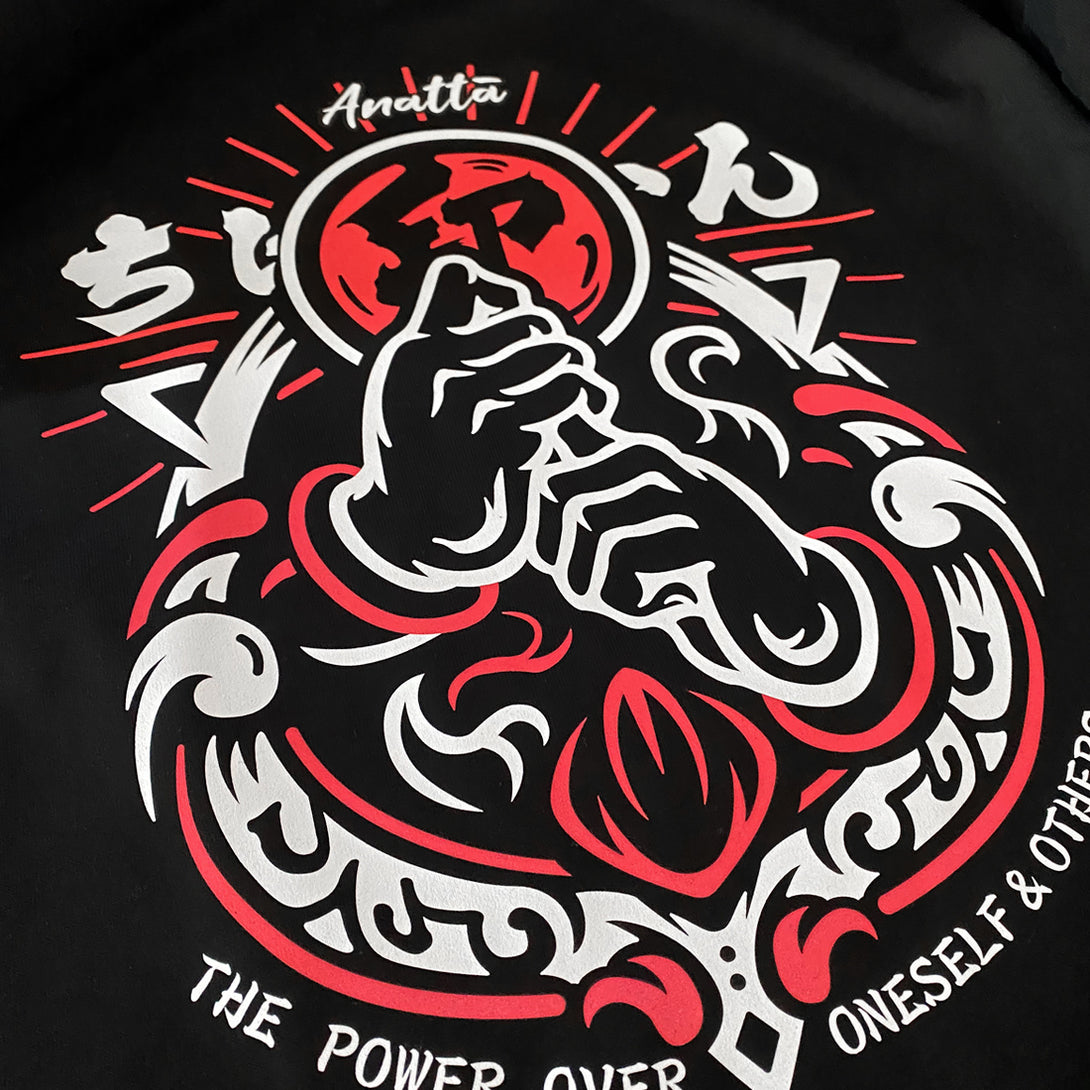 Retsu - a close-up of the design of the Japanese ninja gestures printed on the front of a Japanese style black heavyweight T-shirt -1