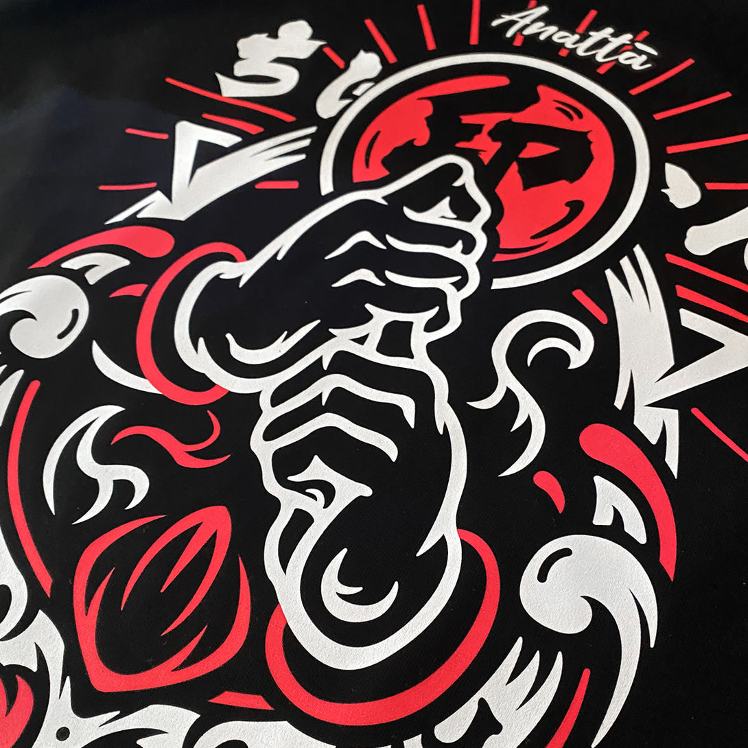 Retsu- a close-up of the design of the Japanese ninja gestures printed on the front of a black sweatshirt - 1