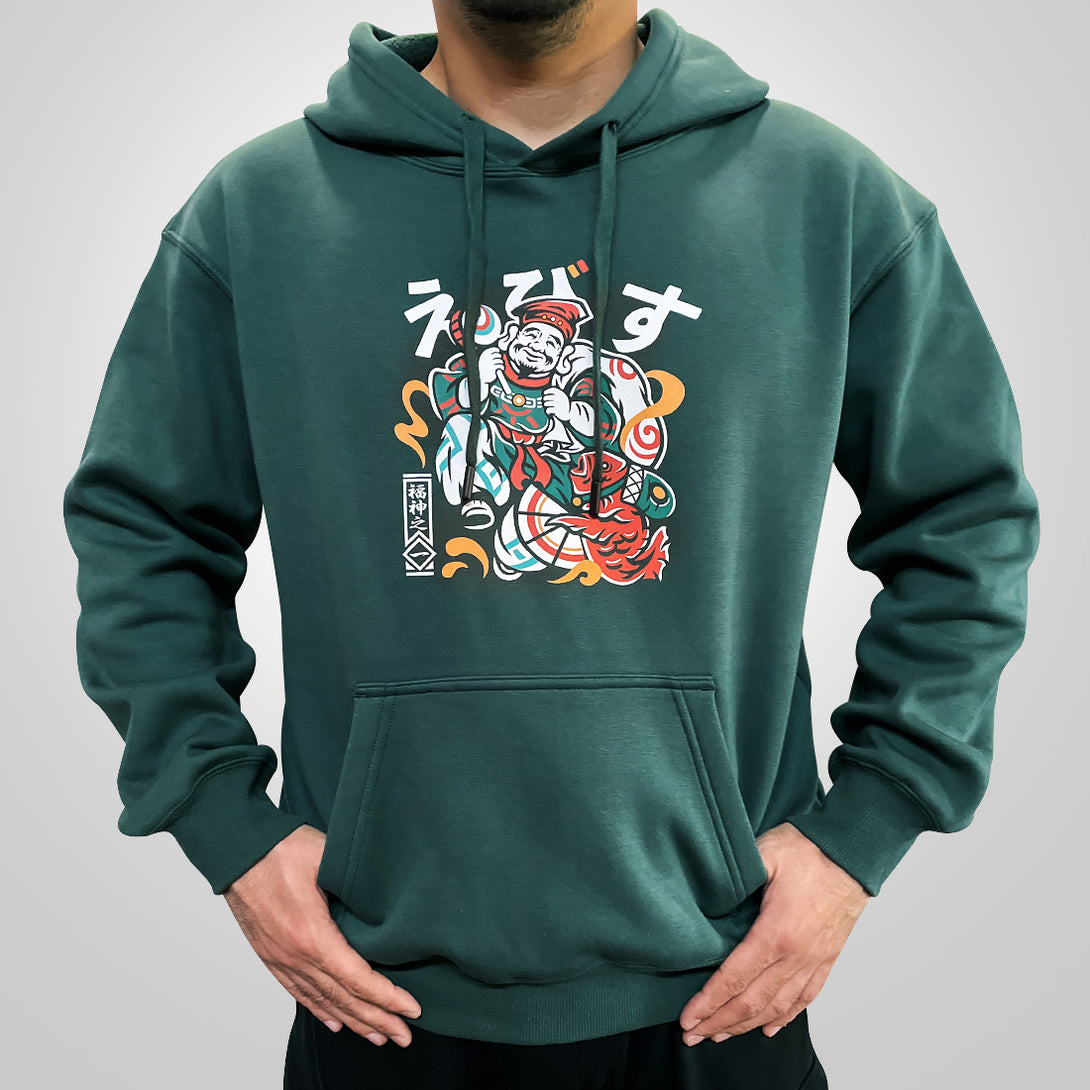 Ebisu - a model wearing a dark green hoodie with the design of Ebisu printed on the front-front view