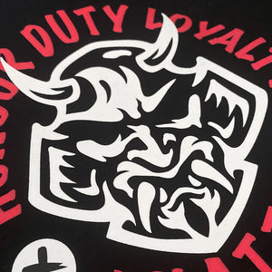 Bushido - a close-up of a bushido design printed on the left of a Japanese style black sweatpants-2