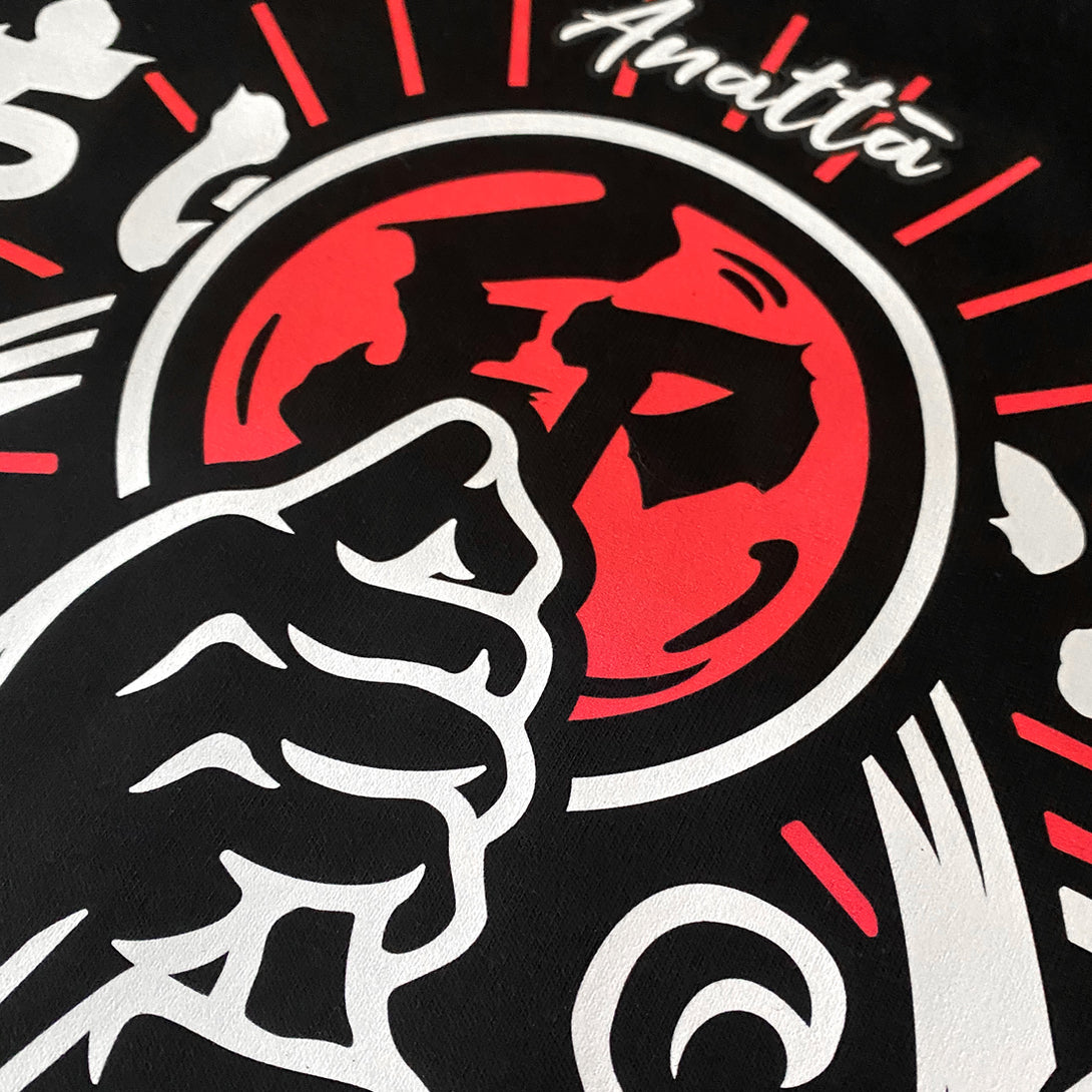 Retsu- a close-up of the design of the Japanese ninja gestures printed on the front of a black sweatshirt - 2
