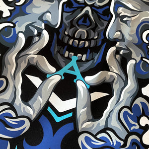 Umarekawari- a close-up of a design of Buddhas confronting the evil illustration printed on the front of a black sweatshirt -2