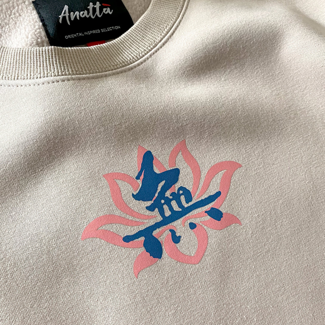Emptiness - a close-up of the graphic design printed on the front of the Japanese style khaki sweatshirt