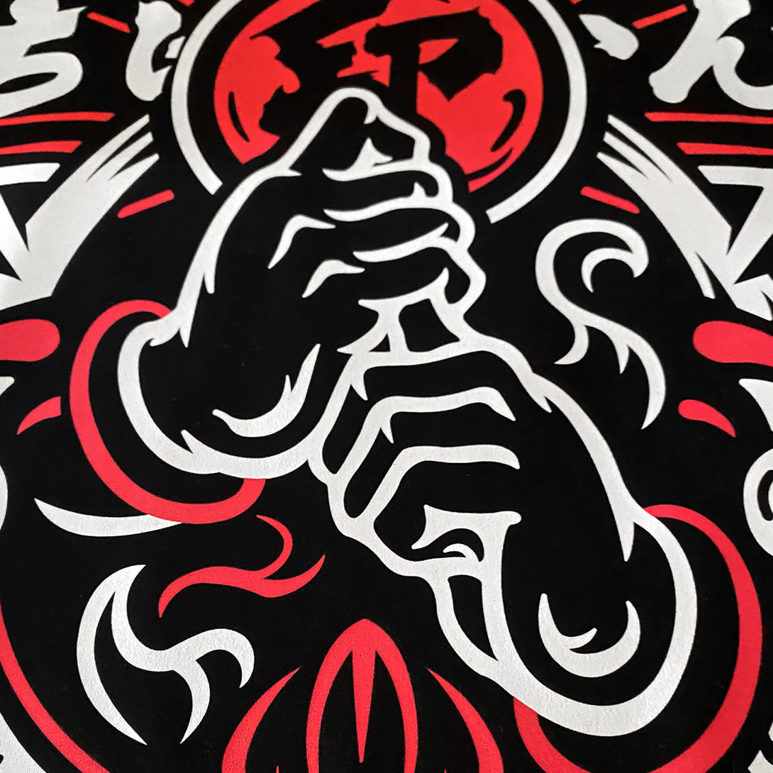 Retsu - a close-up of the design of the Japanese ninja gestures printed on the front of a Japanese style black heavyweight T-shirt -2