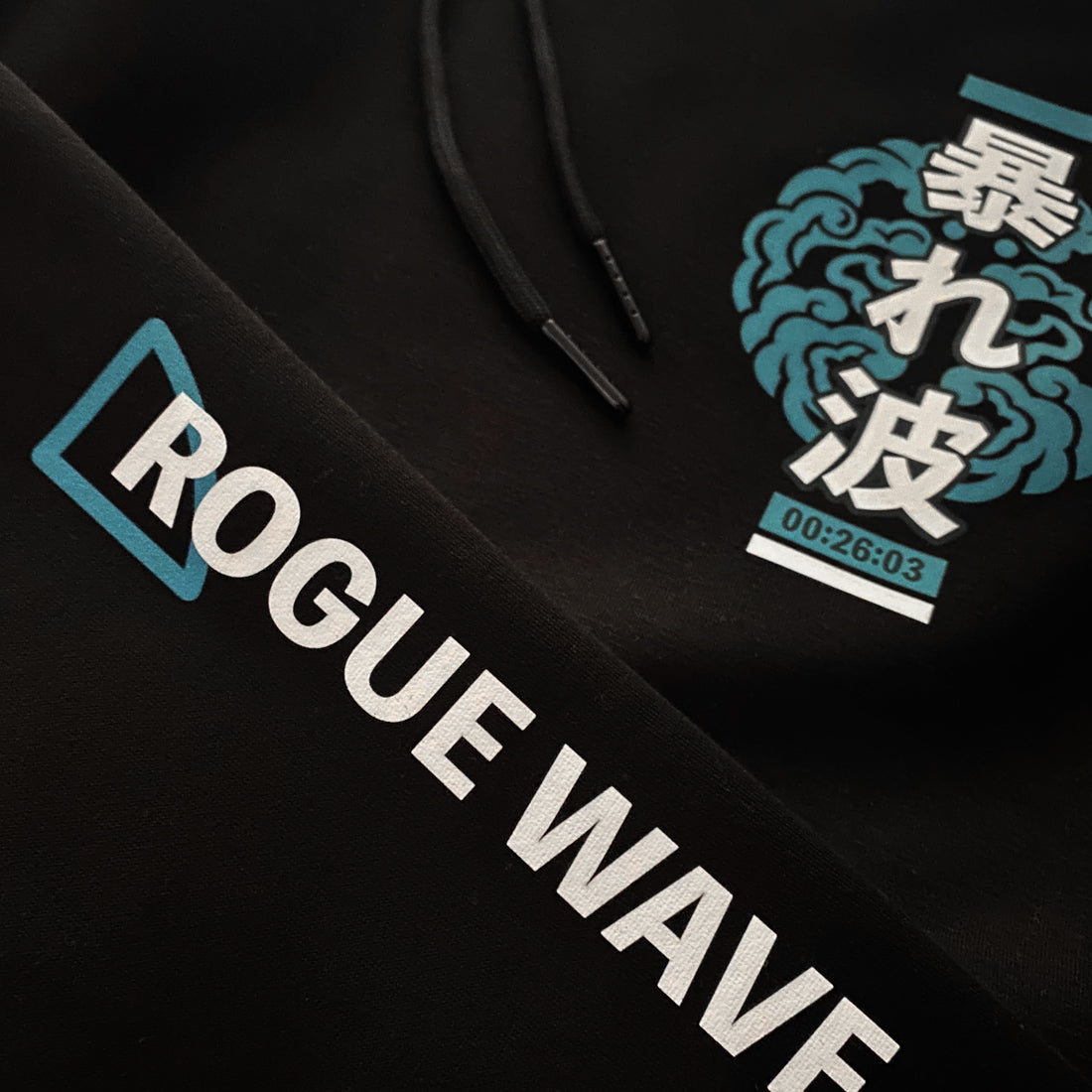 Rogue wave - a close-up of a combination of traditional Japanese patterns and Japanese characters, printed on the Japanese style black sweatpants-1