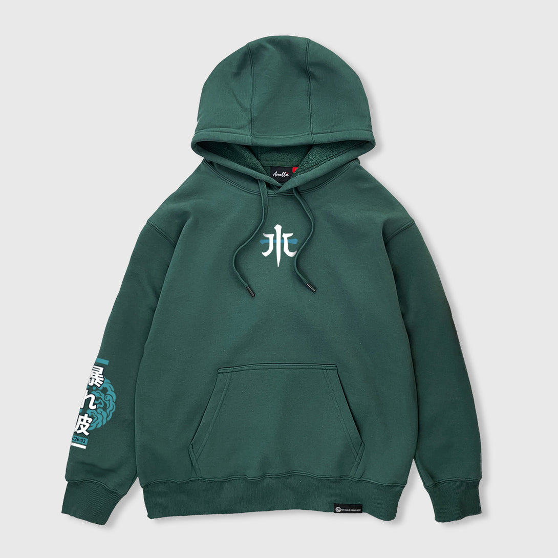 Rogue wave - Front view of the Japanese style dark green hoodie, featuring a small graphic design