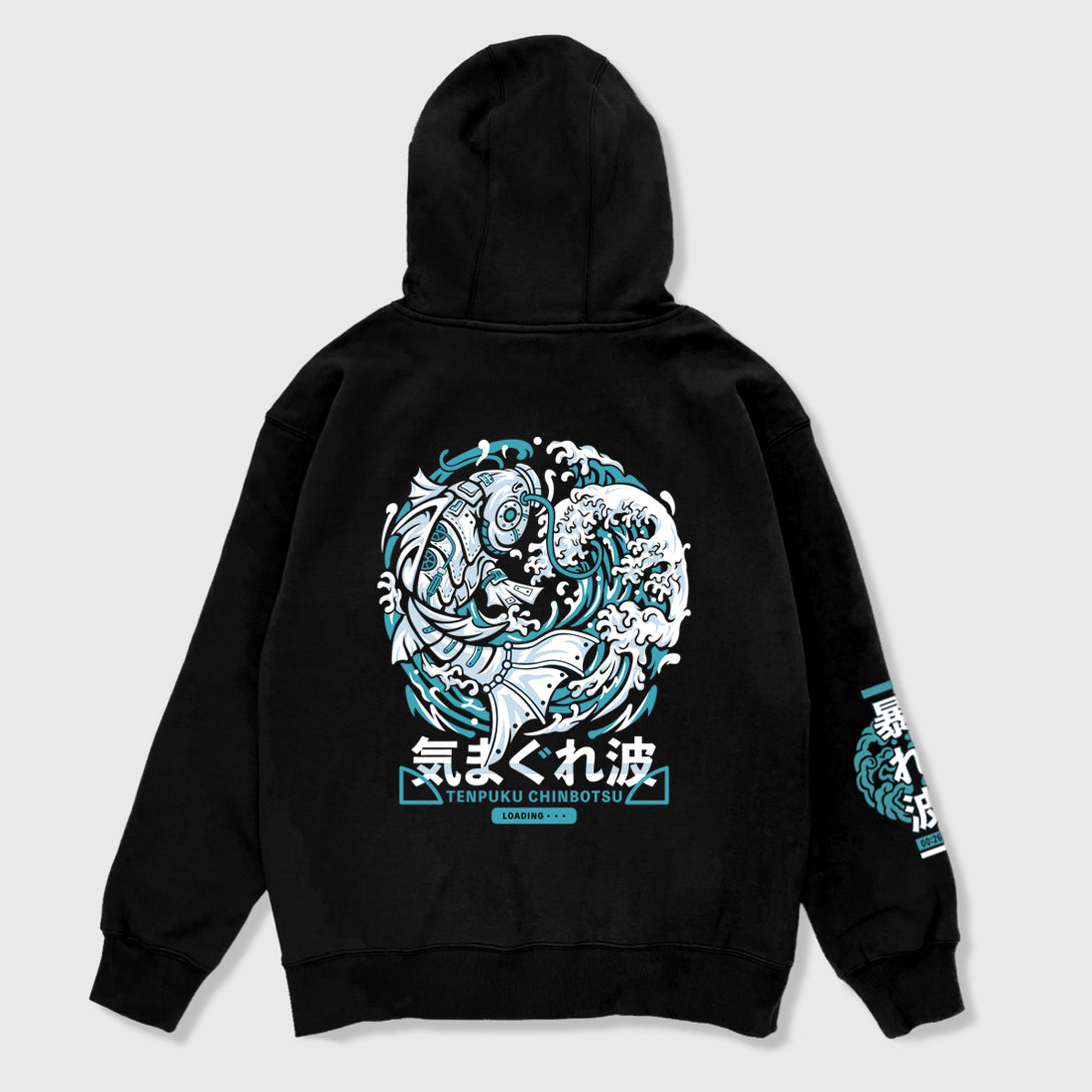 Rogue wave - A Japanese style black hoodie showcasing intricate steam-punk style robotic koi and rogue wave graphic printed on the back, Japanese characters printed on the right sleeve