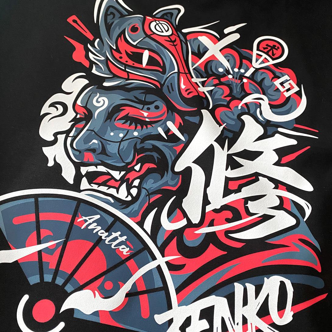 Zenko - a close-up of the Japanese mythical Zenko illustration printed on the back of a Japanese style black hoodie-1