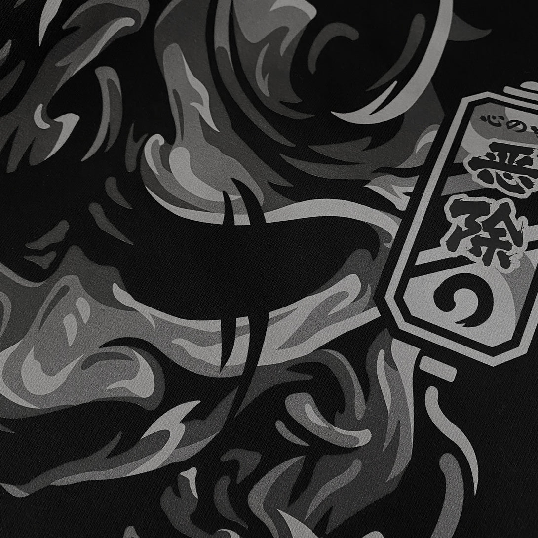 unleash emotion's complexity - a close-up of a traditional Japanese demon mask design on a black Japanese sweatshirt's front-2