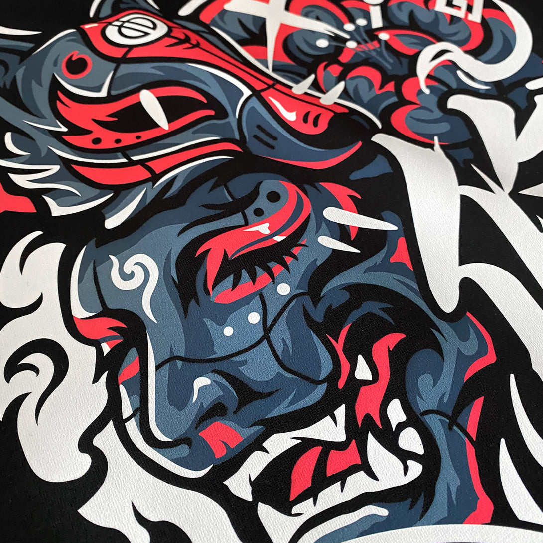 Zenko - a close-up of the Japanese mythical Zenko illustration printed on the back of a Japanese style black hoodie-2