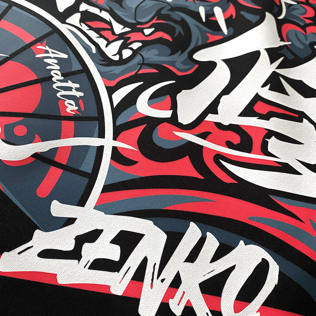 Zenko - a close-up of the Japanese mythical Zenko illustration printed on the back of a Japanese style black hoodie-3
