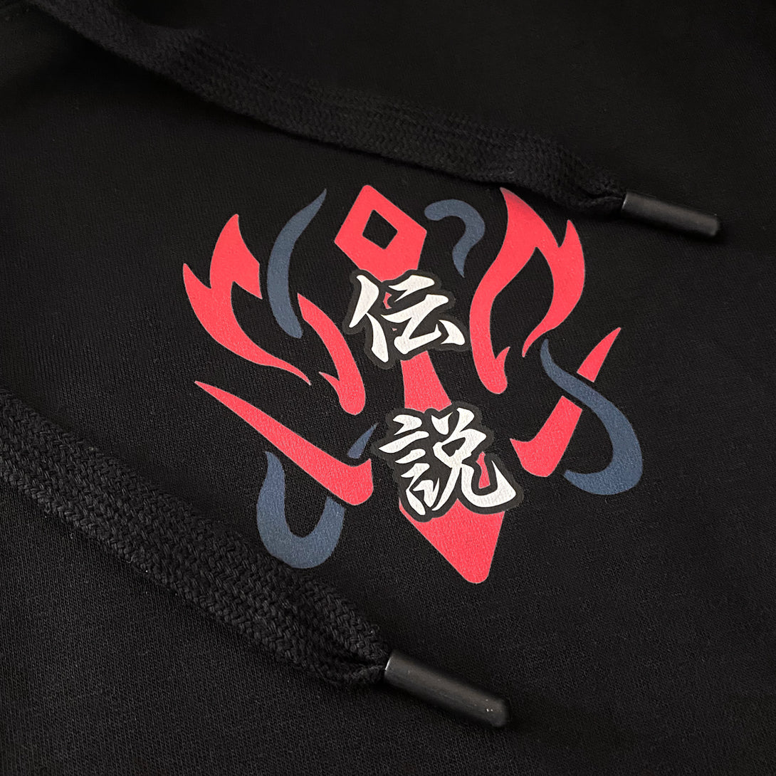 Zenko - a close-up of the graphic design printed on chest of the Japanese style black hoodie