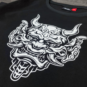 Sins Exist In Human Minds - a close-up of the graphic design inspired by Japanese Oni masks, printed on a Japanese style black heavyweight T-shirt-1