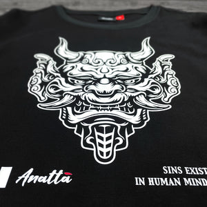 Sins Exist In Human Minds - a close-up of the graphic design inspired by Japanese Oni masks, printed on a Japanese style black heavyweight T-shirt-2