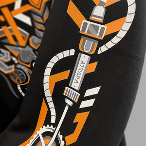 Oni mask - a close-up of the graphic design on a Japanese style black hoodie sleeves