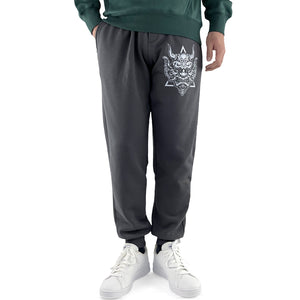 Sins Exist In Human Minds - a model wearing a Japanese style dark grey sweatpants featuring a design inspired by Japanese Oni masks, printed on the left-1