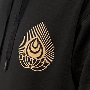 Kabuto - a close-up of the graphic design printed on the front of the Japanese style black hoodie