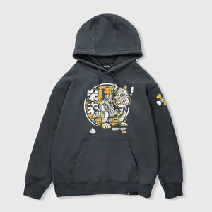 Robotic Dog - A Japanese style dark grey hoodie featuring a samurai commanding a mechanical battle dog graphic design printed on the front. The battle dog gazes at a dog bone on the left sleeve